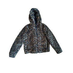 Rachel Zoe Womens Leopard Print Faux Fur Hooded Jacket Size S